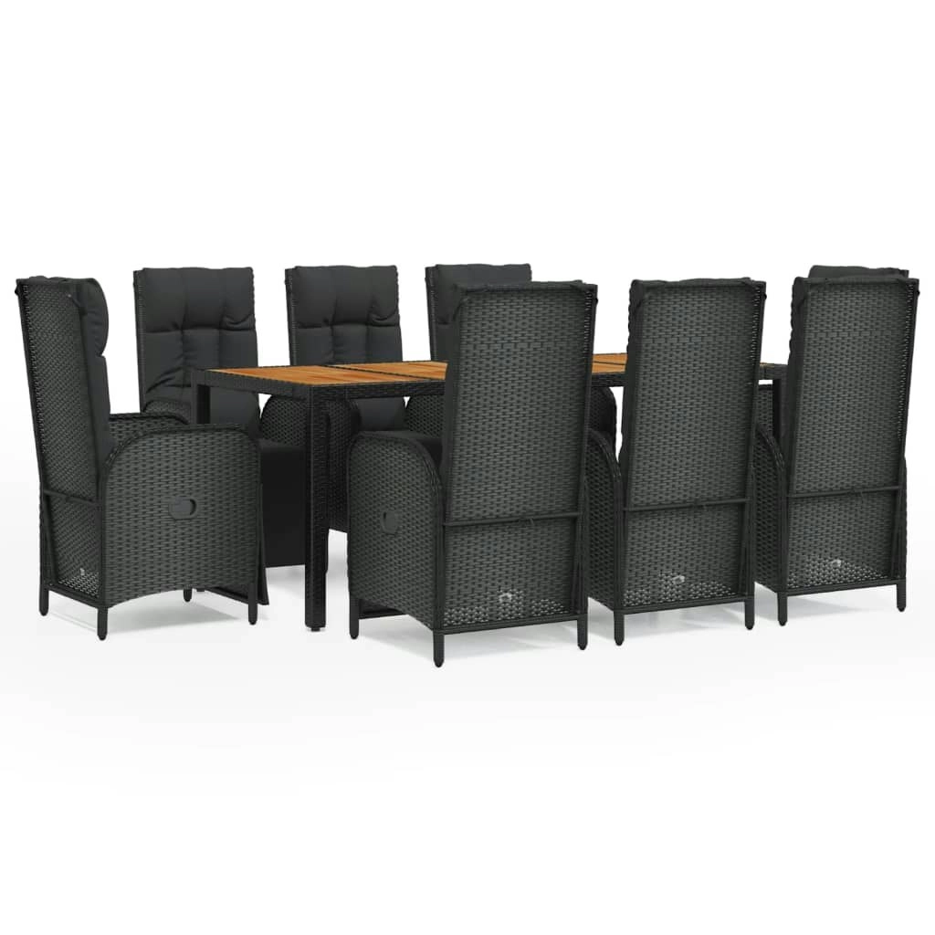 9 Piece Garden Dining Set with Cushions Black Poly Rattan 3185079