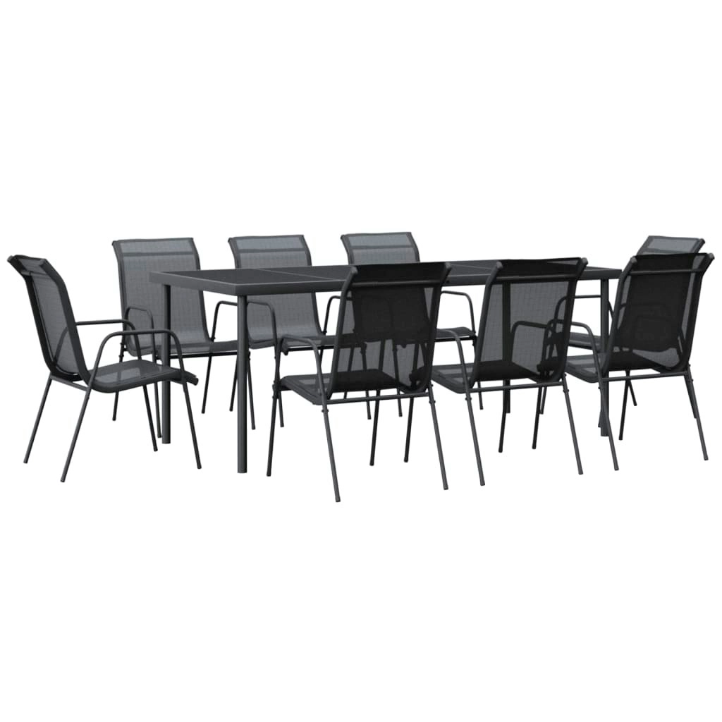 9 Piece Garden Dining Set Black Steel and Textilene 3200681