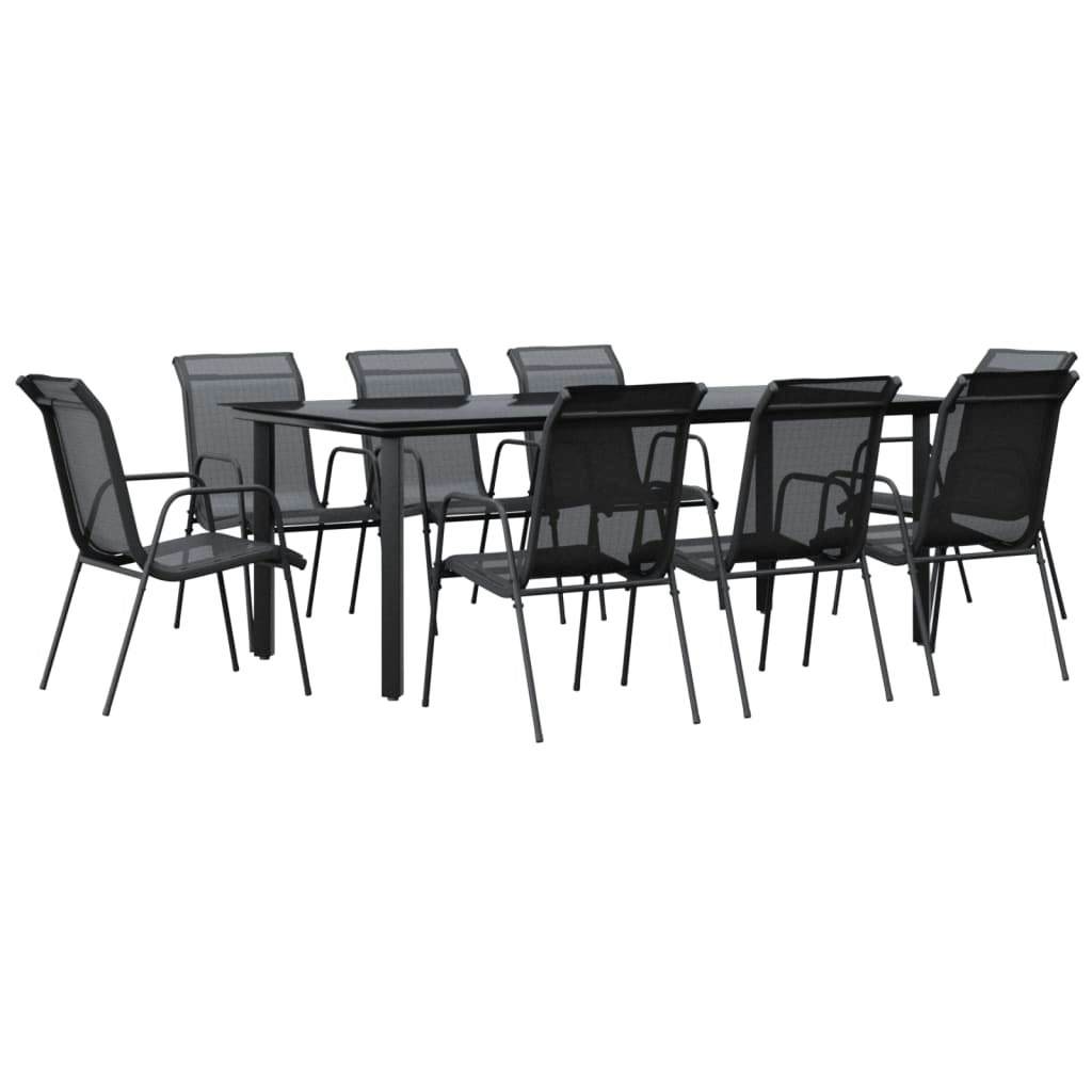 9 Piece Garden Dining Set Black Steel and Textilene 3200697