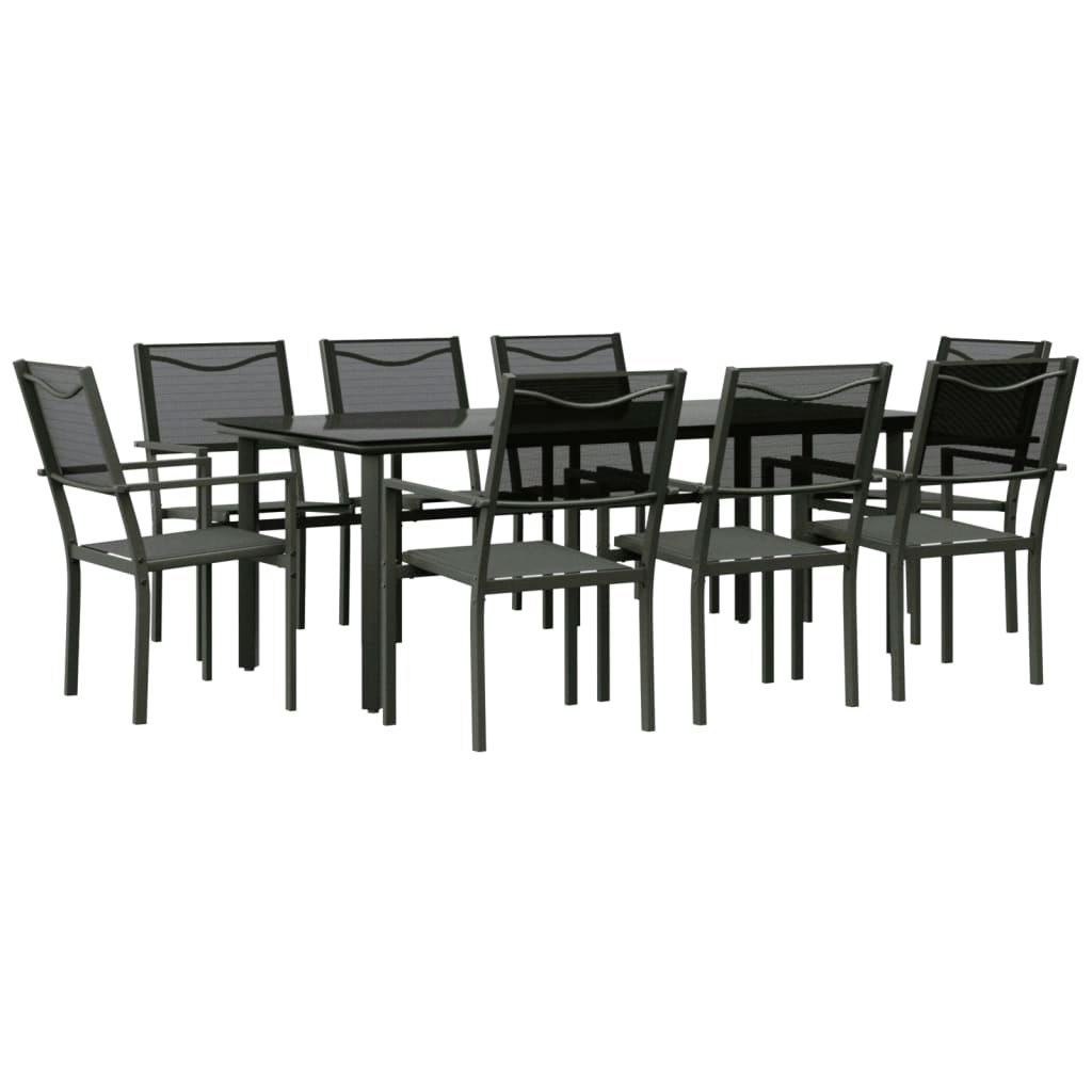 9 Piece Garden Dining Set Black Steel and Textilene 3200733