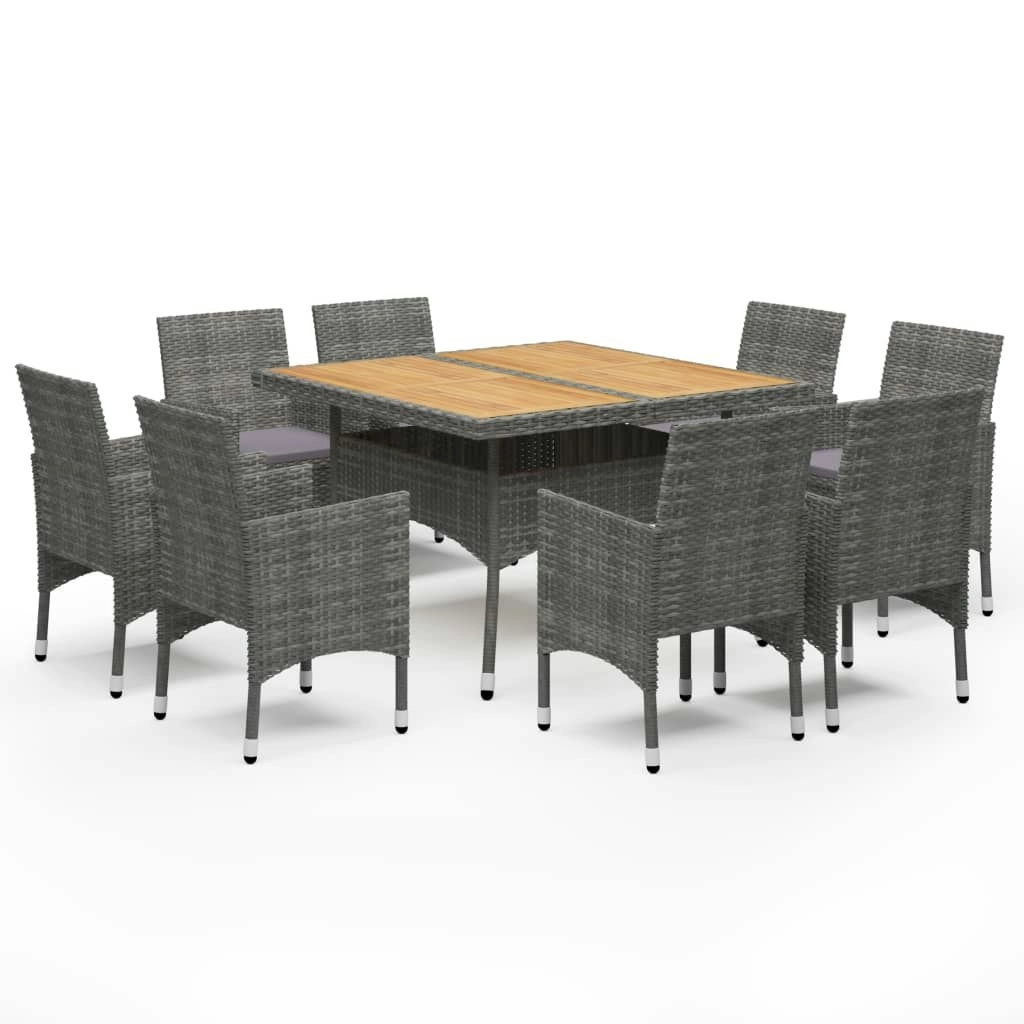 9 Piece Garden Dining Set Poly Rattan and Acacia Wood Grey 3058343