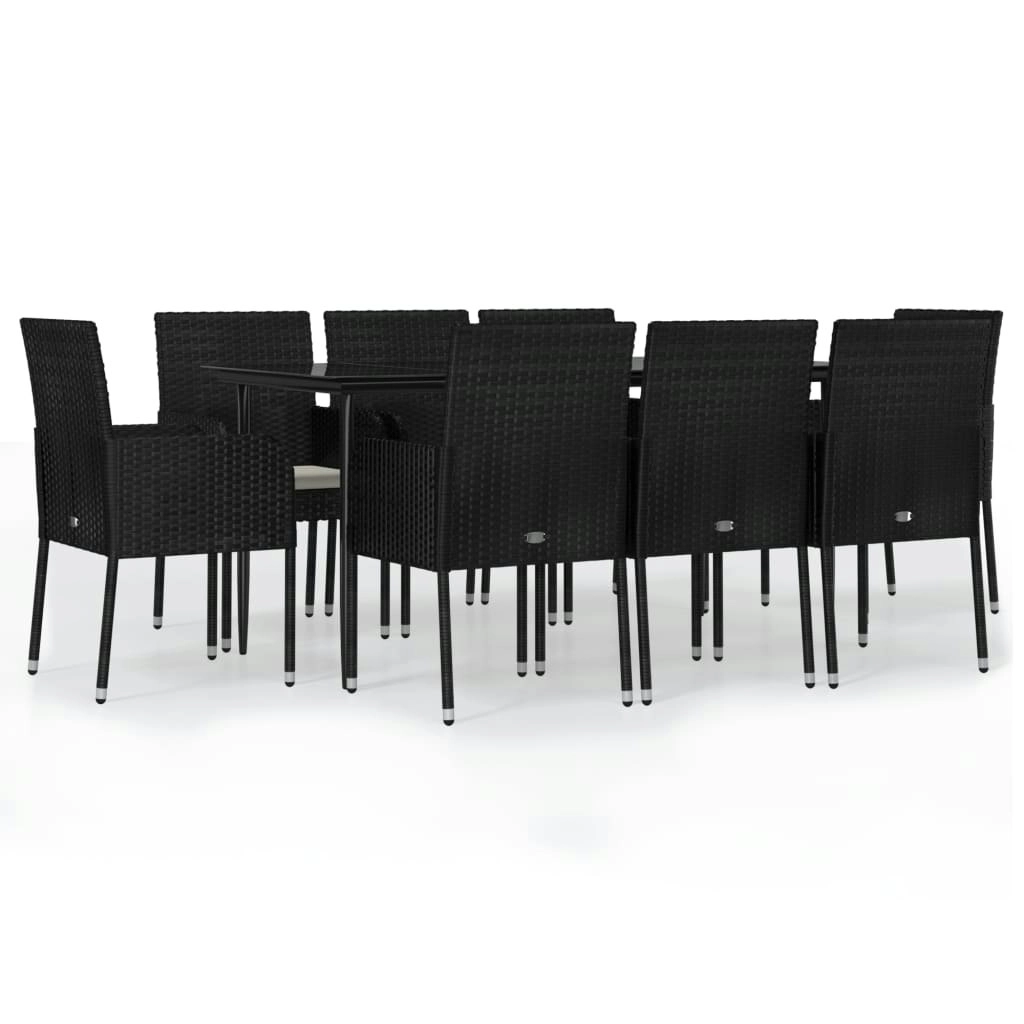 9 Piece Garden Dining Set with Cushions Black Poly Rattan 3185146