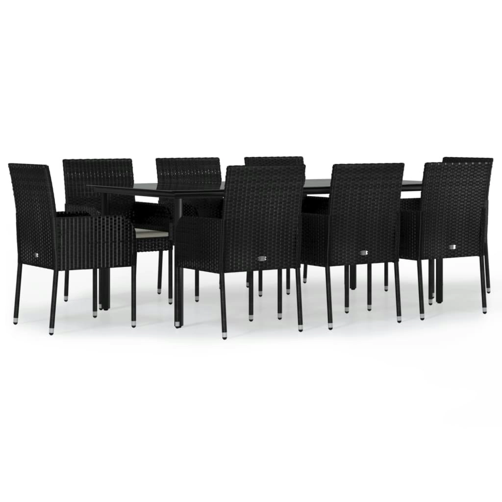 9 Piece Garden Dining Set with Cushions Black Poly Rattan 3185159