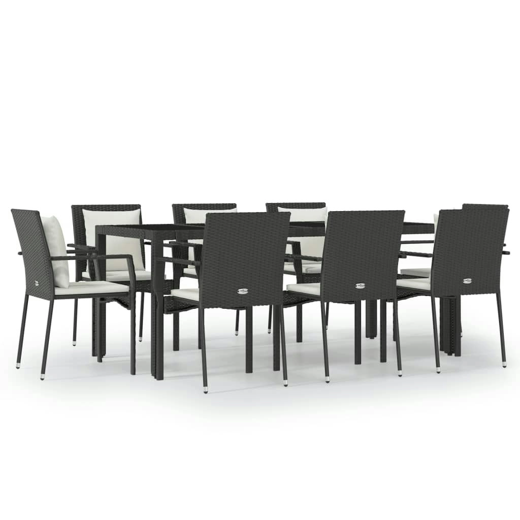 9 Piece Garden Dining Set with Cushions Black Poly Rattan 3157956