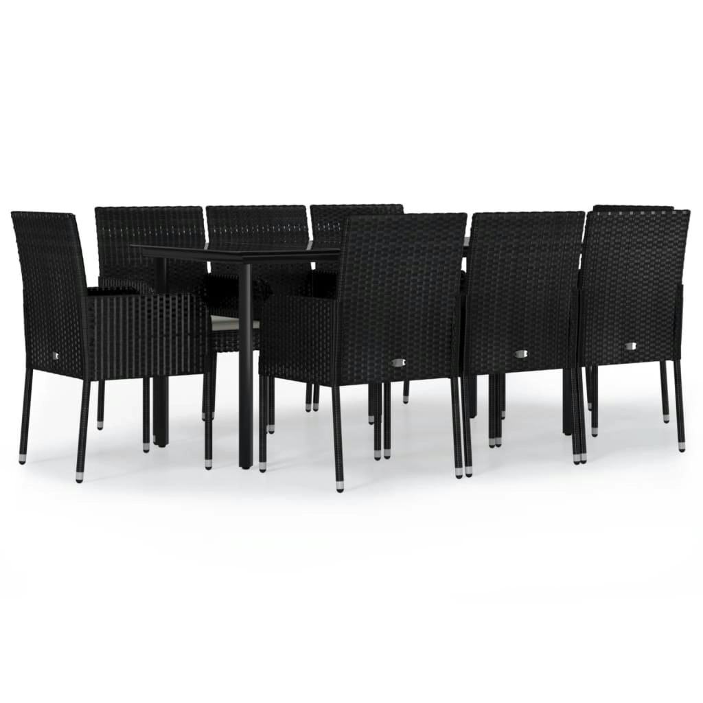 9 Piece Garden Dining Set with Cushions Black Poly Rattan 3185158