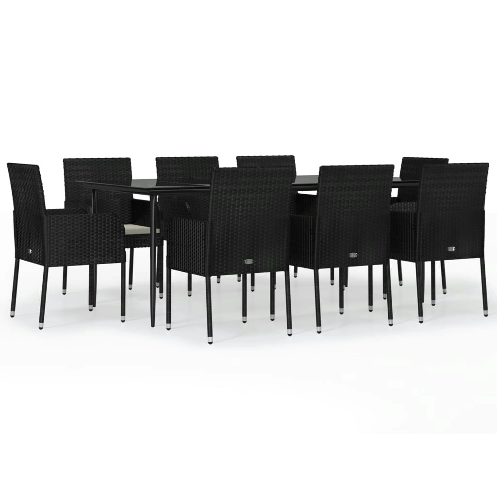 9 Piece Garden Dining Set with Cushions Black Poly Rattan 3185147