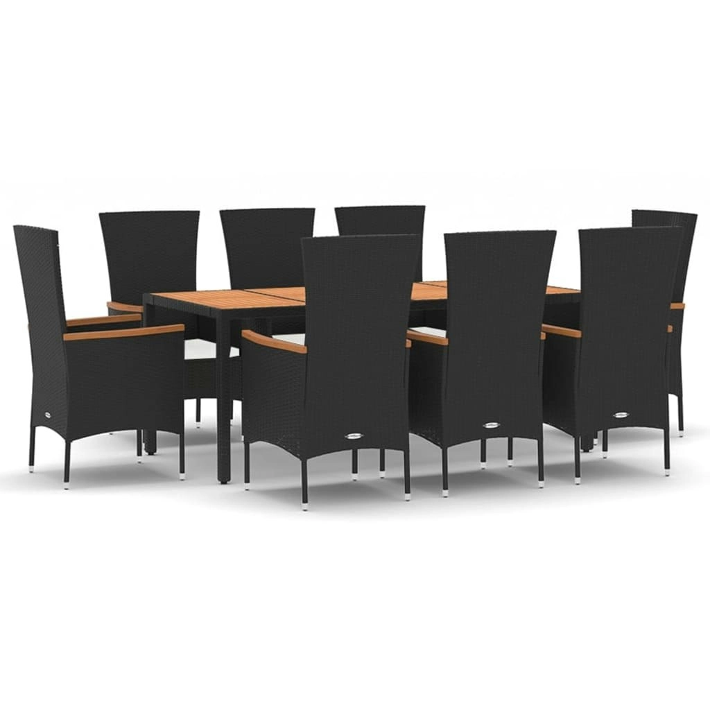 9 Piece Garden Dining Set with Cushions Black Poly Rattan 3157533