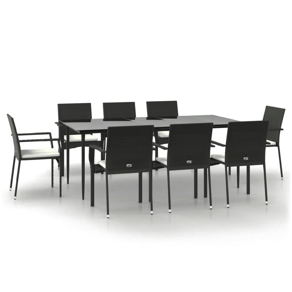 9 Piece Garden Dining Set with Cushions Black Poly Rattan 3185124