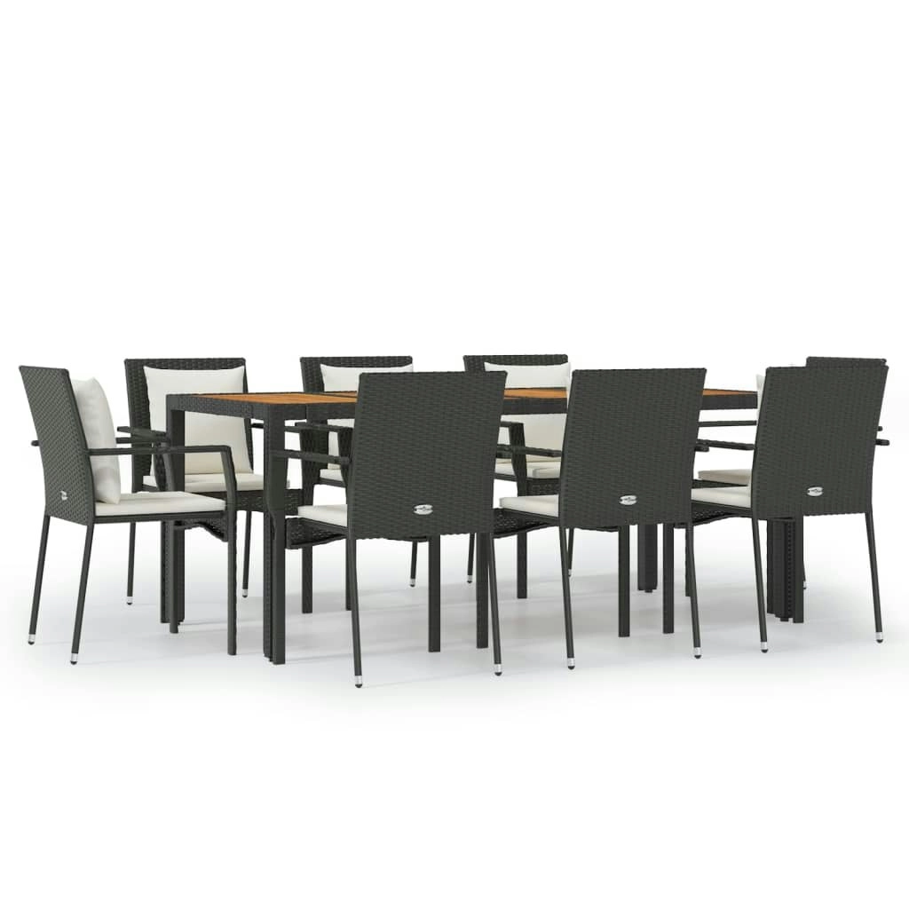 9 Piece Garden Dining Set with Cushions Black Poly Rattan 3157968