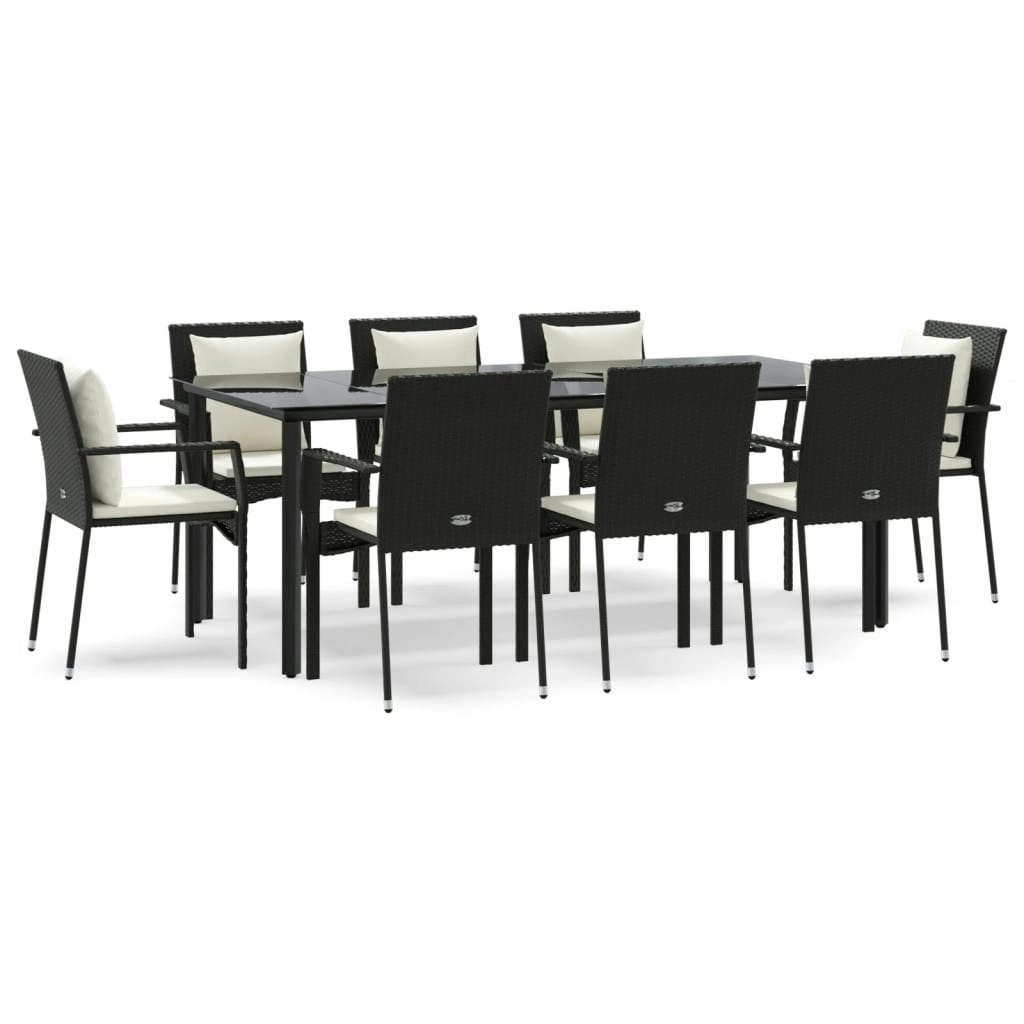 9 Piece Garden Dining Set with Cushions Black Poly Rattan 3185112