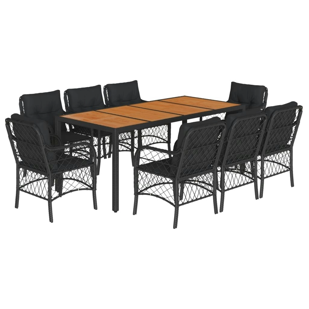 9 Piece Garden Dining Set with Cushions Black Poly Rattan 3212047