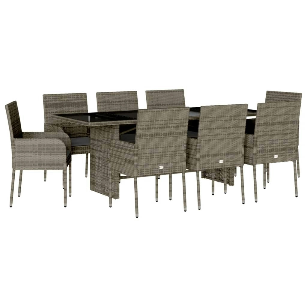 9 Piece Garden Dining Set with Cushions Grey Poly Rattan 3213509