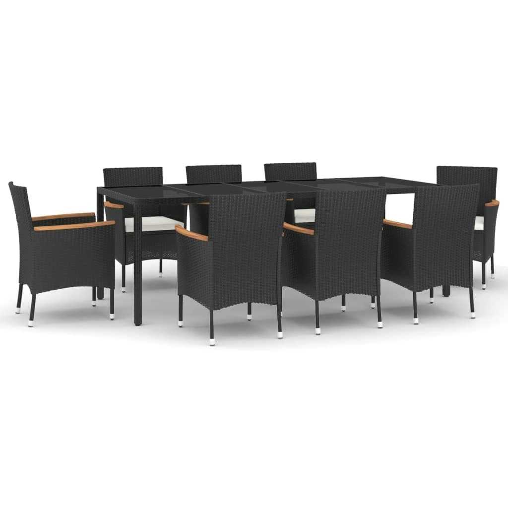 9 Piece Garden Dining Set with Cushions Black Poly Rattan 3187378