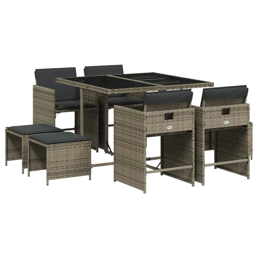 9 Piece Garden Dining Set with Cushions Grey Poly Rattan 3211136