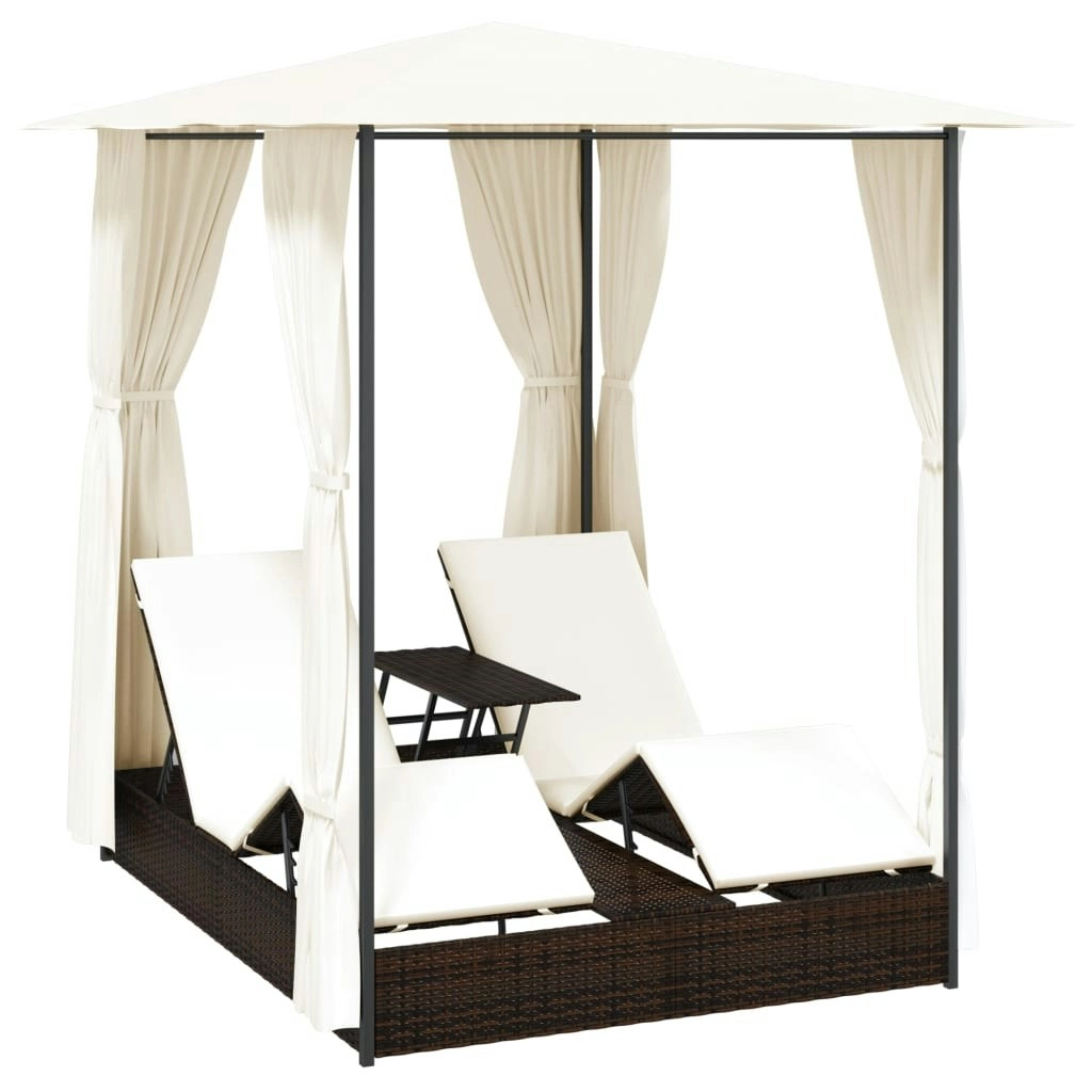 Double Sun Lounger with Curtains Poly Rattan Brown 42890