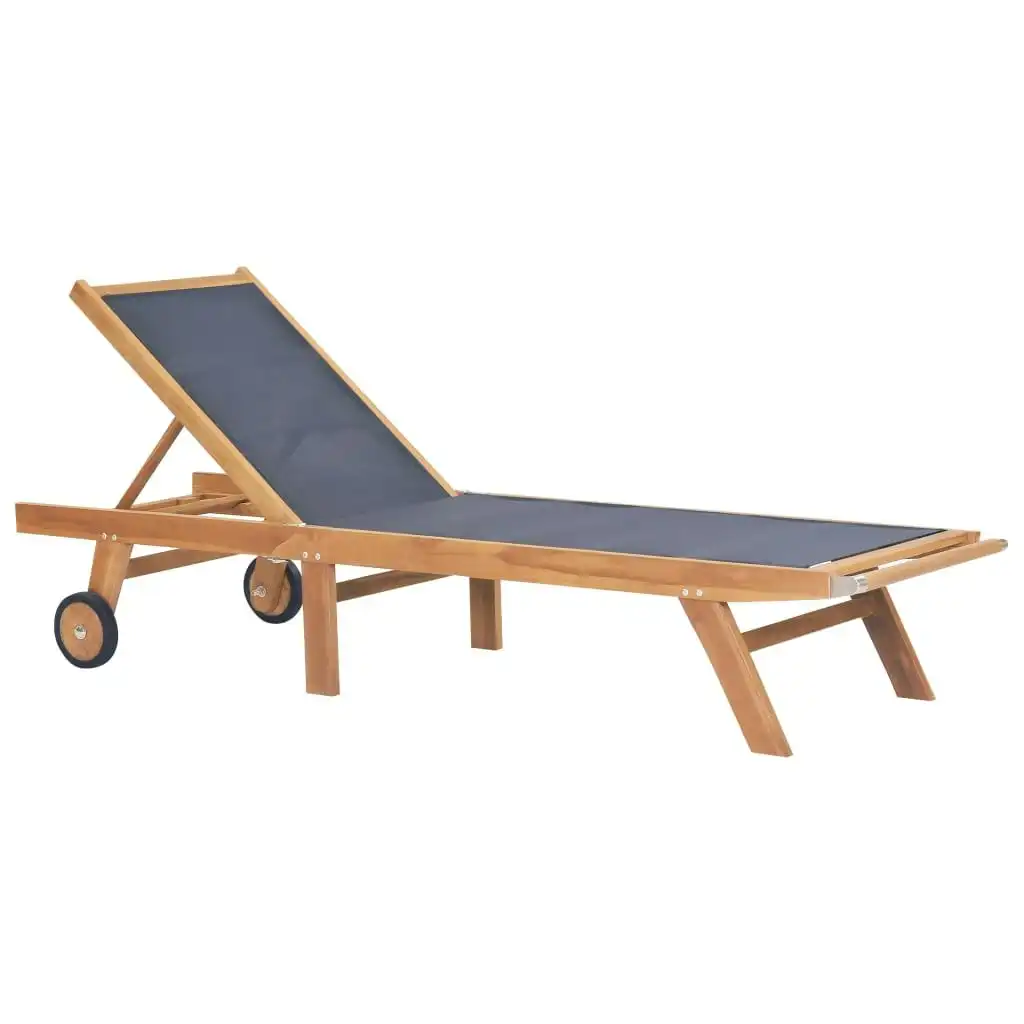 Folding Sun Lounger with Wheels Solid Teak and Textilene 44668