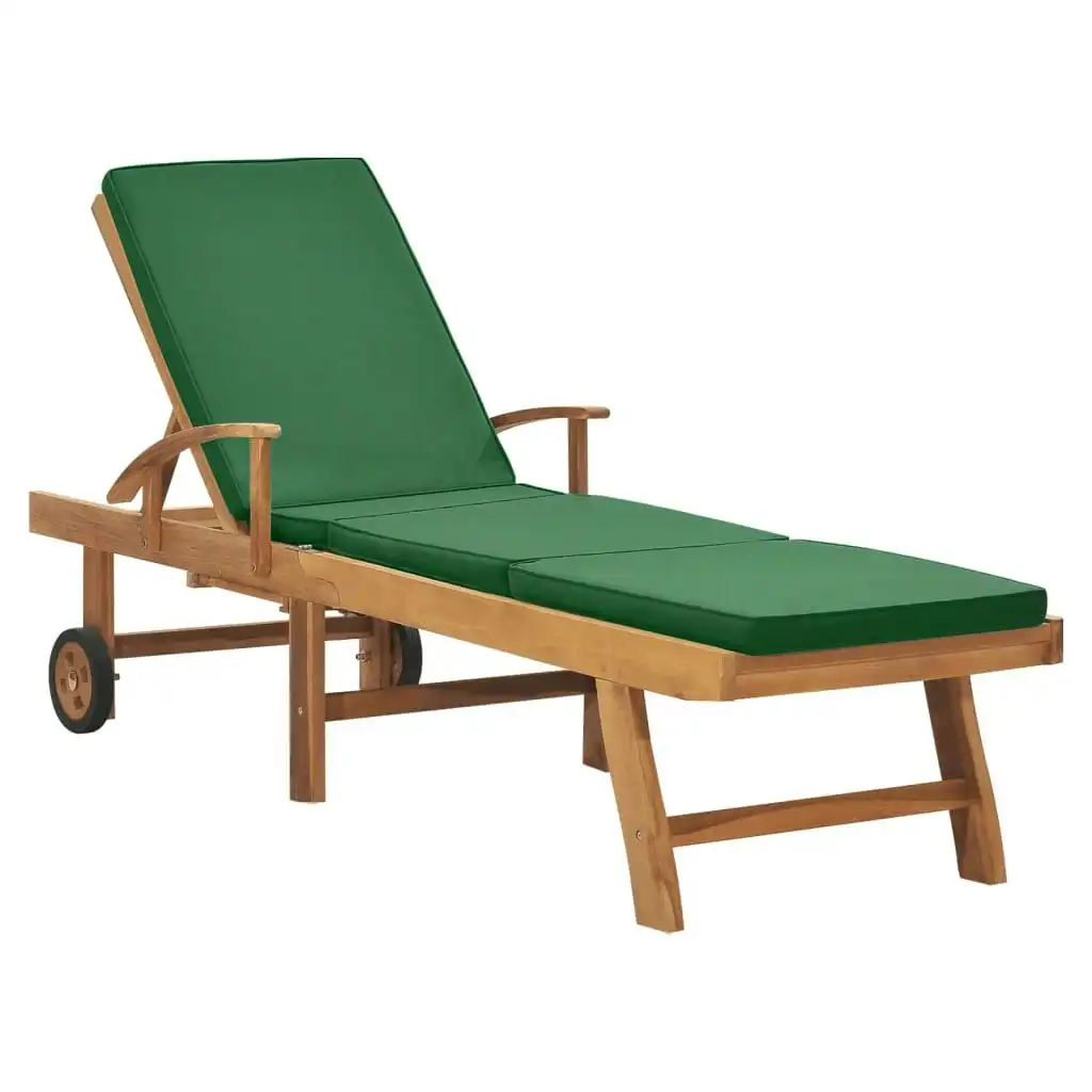 Sun Lounger with Cushion Solid Teak Wood Green 48024