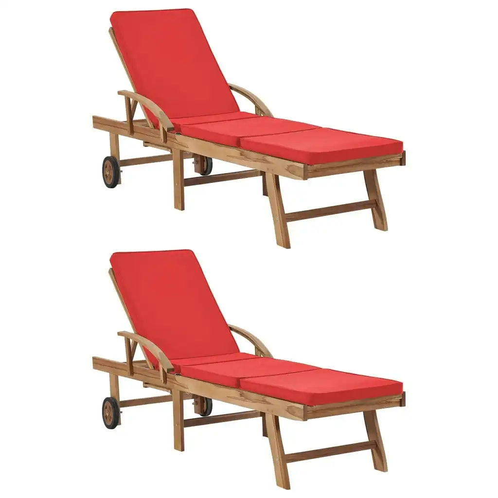 Sun Loungers with Cushions 2 pcs Solid Teak Wood Red 3054637