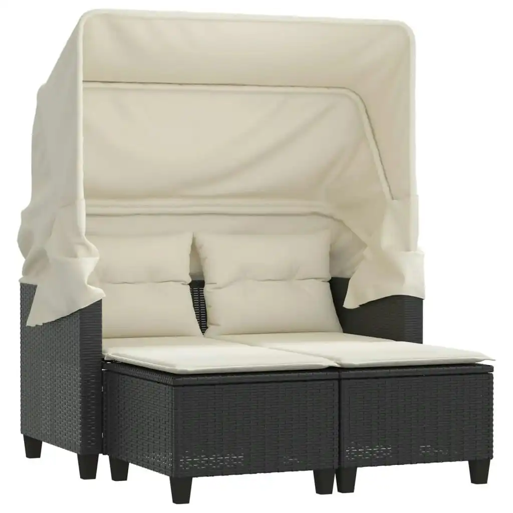 Garden Sofa 2-Seater with Canopy and Stools Black Poly Rattan 365780