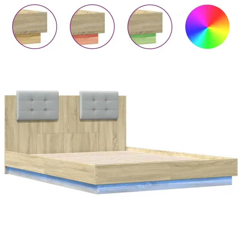 Bed Frame with Headboard and LED Lights Sonoma Oak 135x190 cm 3210047