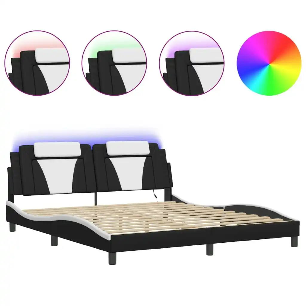 Bed Frame with LED Light Black and White 183x203 cm King Size Faux Leather 3214199