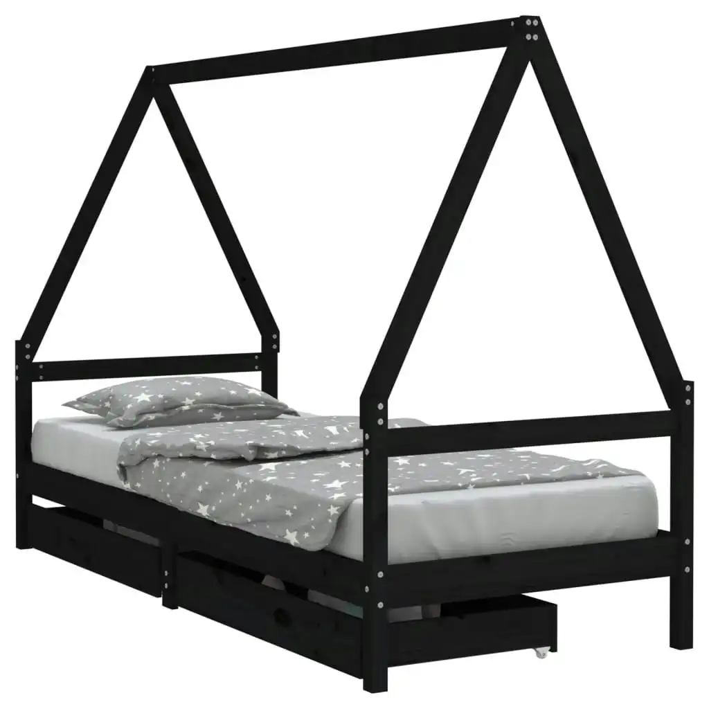 Kids Bed Frame with Drawers Black 90x190 cm Solid Wood Pine 834479