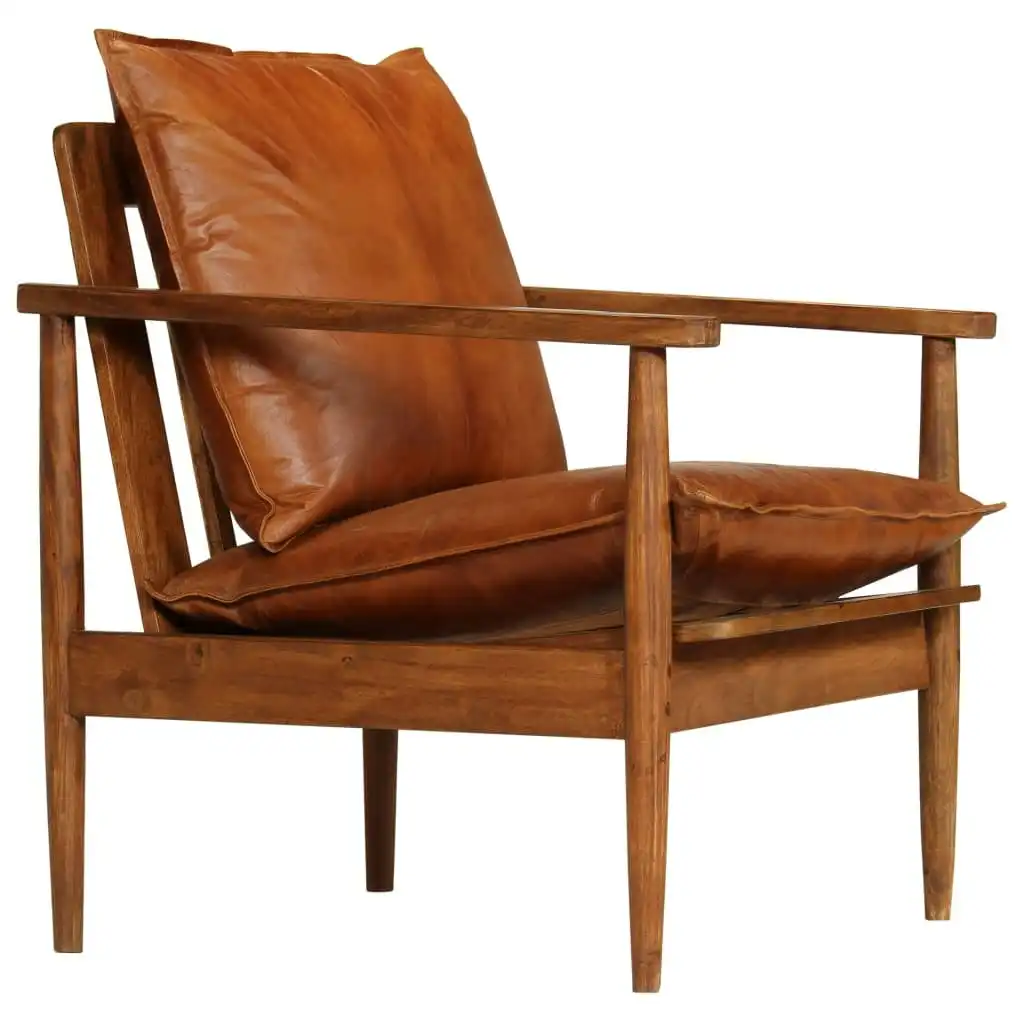 Armchair Brown Real Leather with Acacia Wood 246480