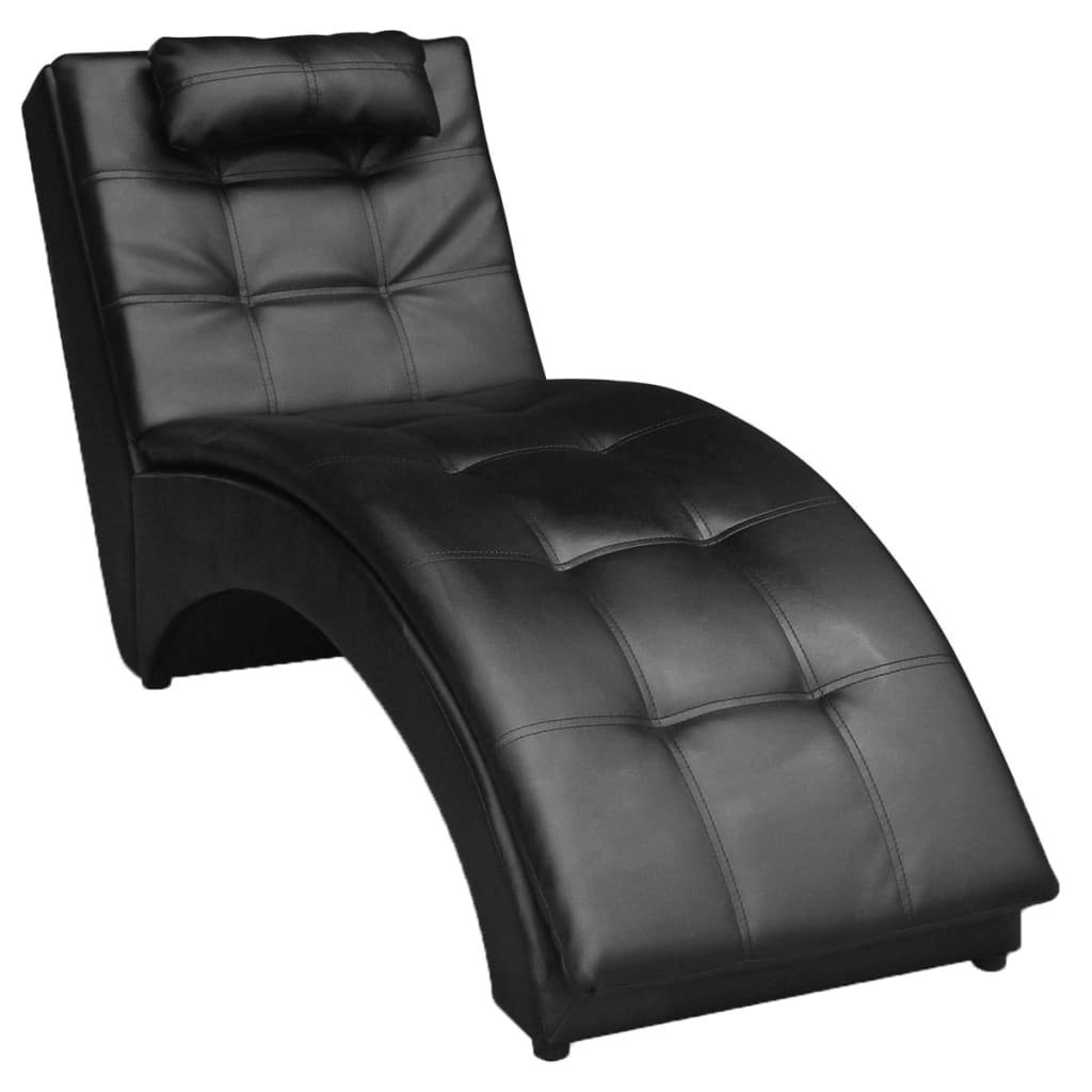 Chaise Longue with Pillow Black Faux Leather 242216