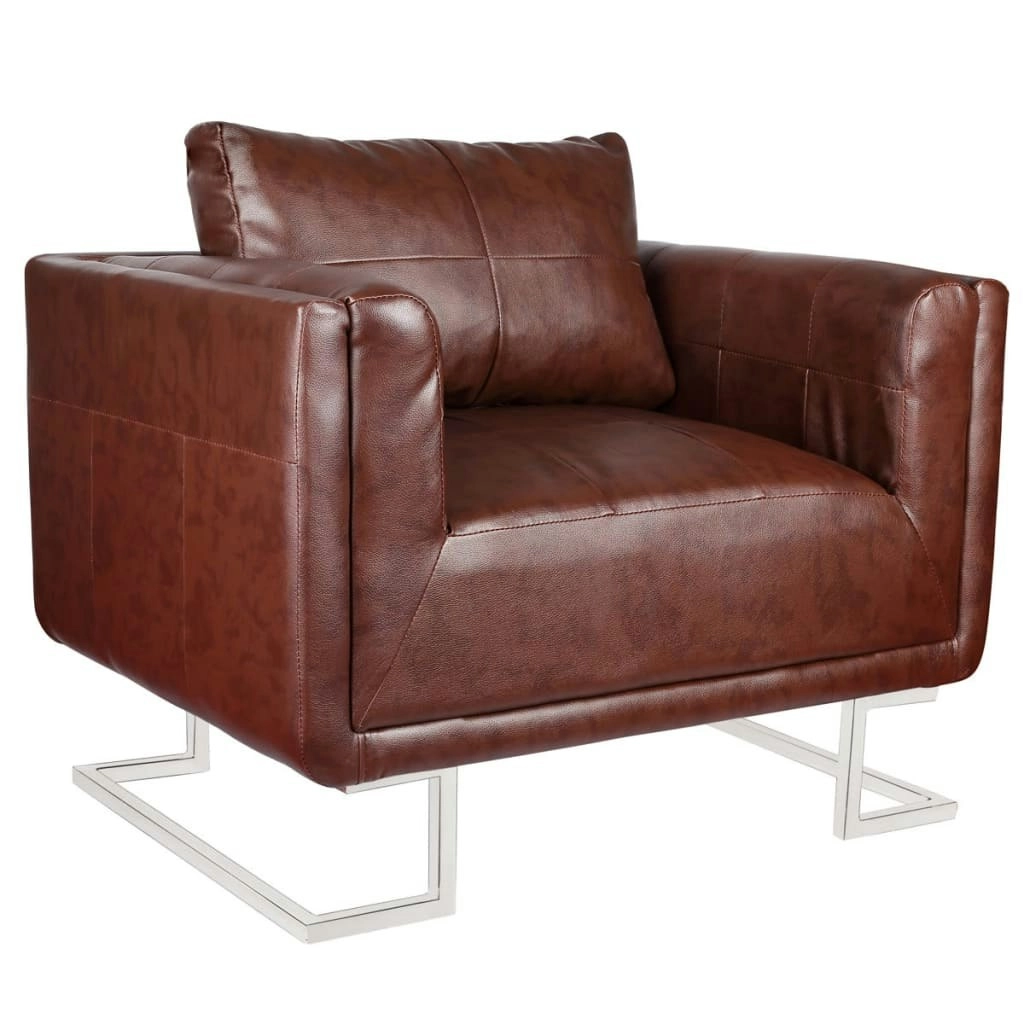 Cube Armchair with Chrome Feet Brown Faux Leather 240896