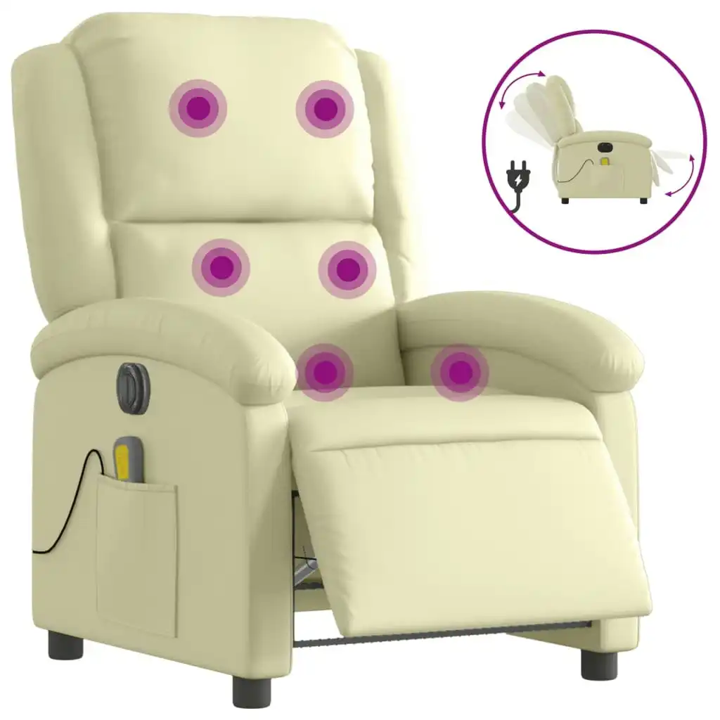 Electric Massage Recliner Chair Cream Real Leather 3205478