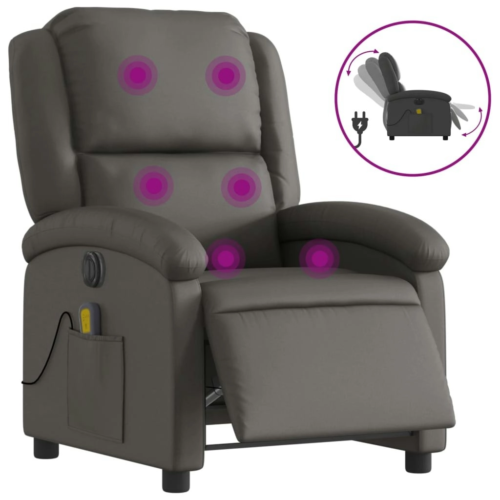 Electric Massage Recliner Chair Grey Real Leather 3205479