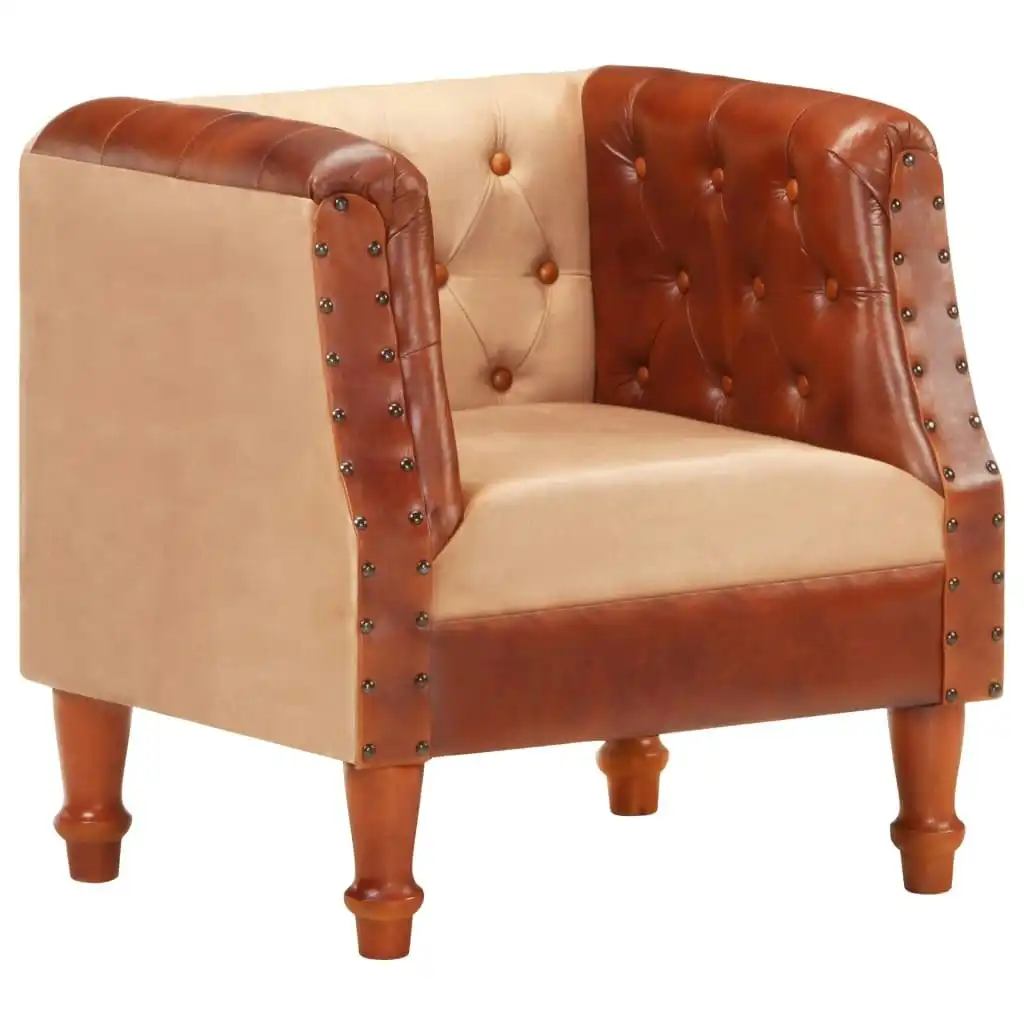 Tub Chair Brown Real Leather and Solid Mango Wood 320605