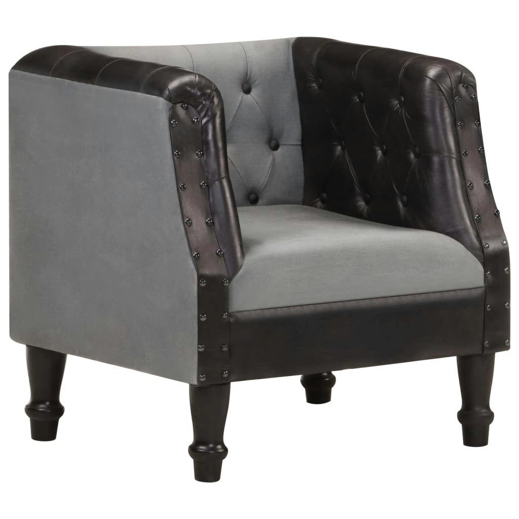 Tub Chair Black Real Leather and Solid Mango Wood 320606