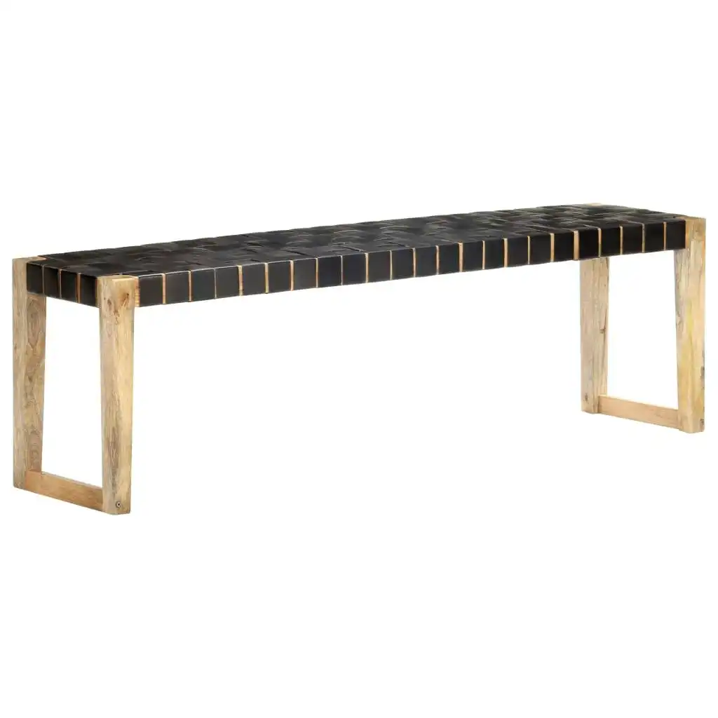 Bench 150 cm Black Real Leather and Solid Mango Wood 321839