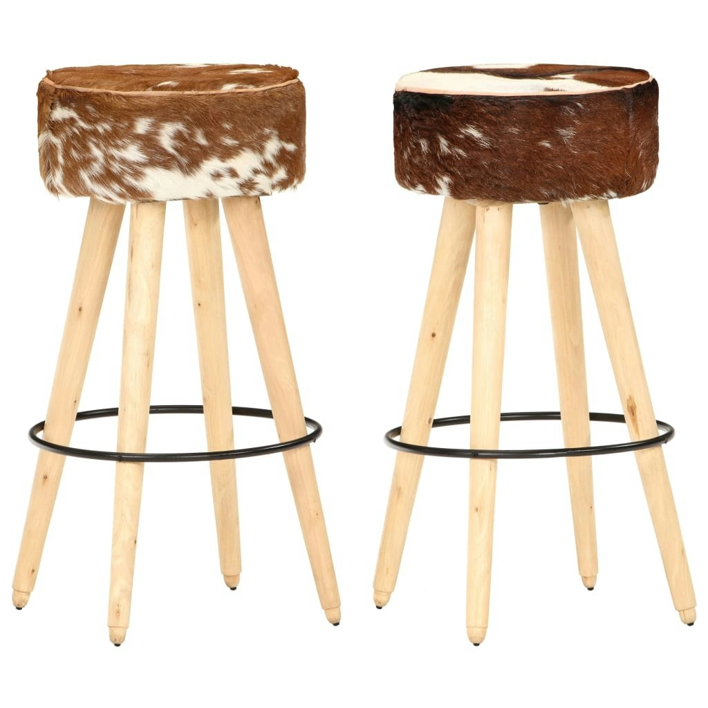 Bar Stools 2 pcs Brown Rough Mango Wood and Real Leather 288085