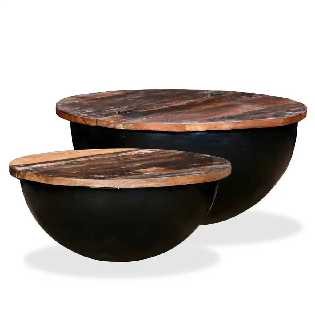 Coffee Table Set 2 Pieces Solid Reclaimed Wood Black Bowl Shape 245257