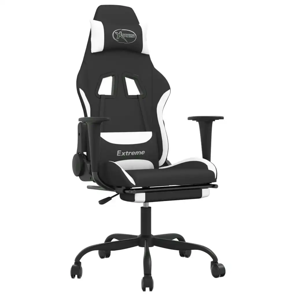 Massage Gaming Chair with Footrest Black and White Fabric 345488