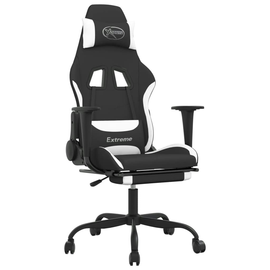 Massage Gaming Chair with Footrest Black and White Fabric 345488