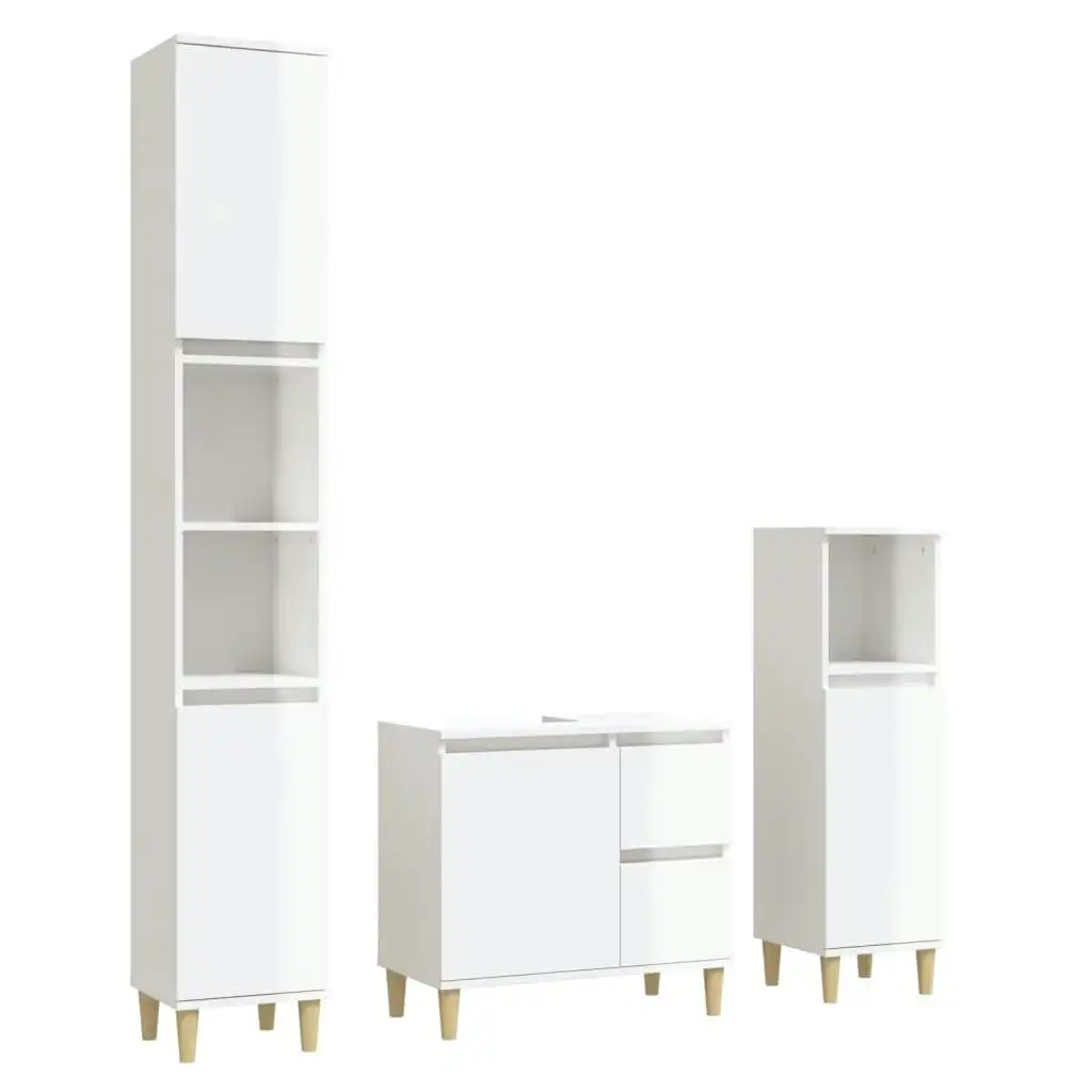 3 Piece Bathroom Cabinet Set High Gloss White Engineered Wood 3185537