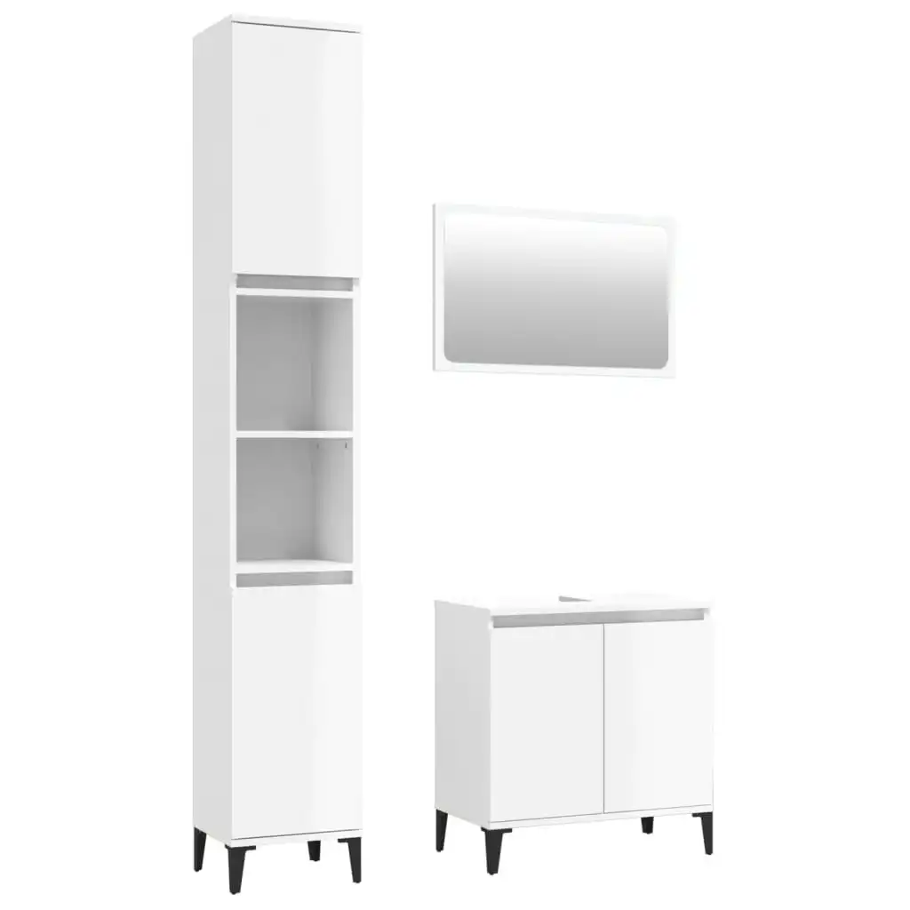 3 Piece Bathroom Furniture Set High Gloss White Engineered Wood 3185666