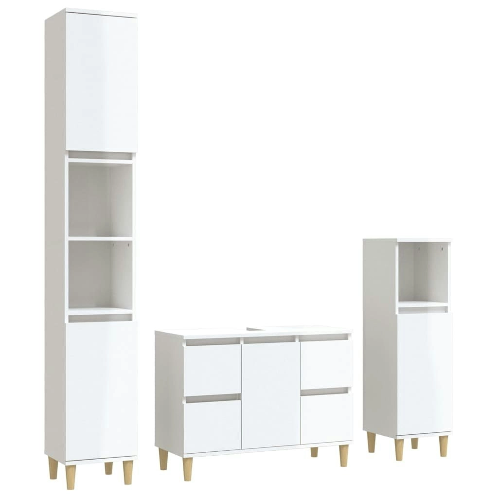 3 Piece Bathroom Furniture Set High Gloss White Engineered Wood 3185599