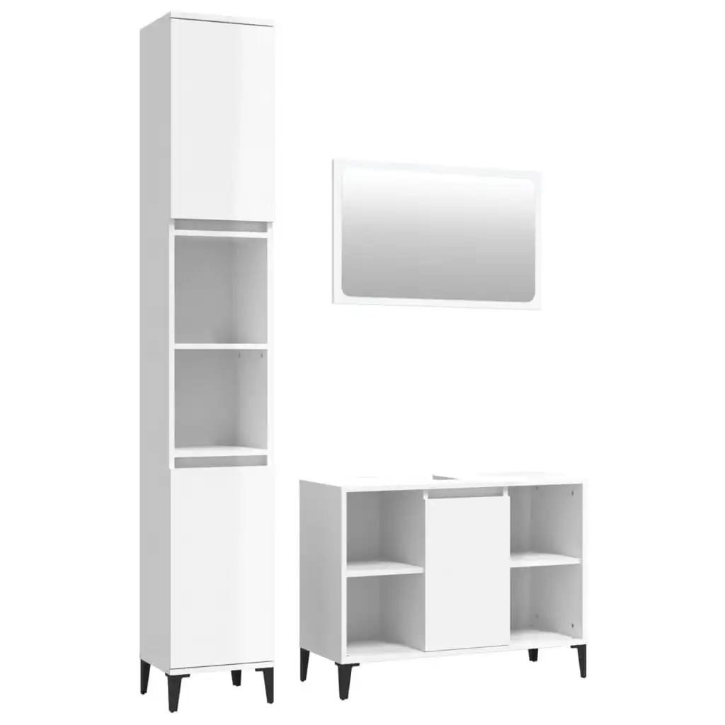 3 Piece Bathroom Furniture Set High Gloss White Engineered Wood 3185686