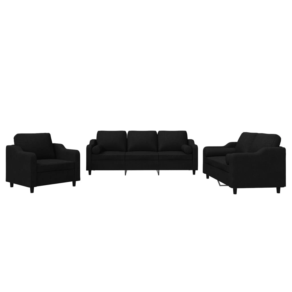 3 Piece Sofa Set with Pillows Black Fabric 3201790