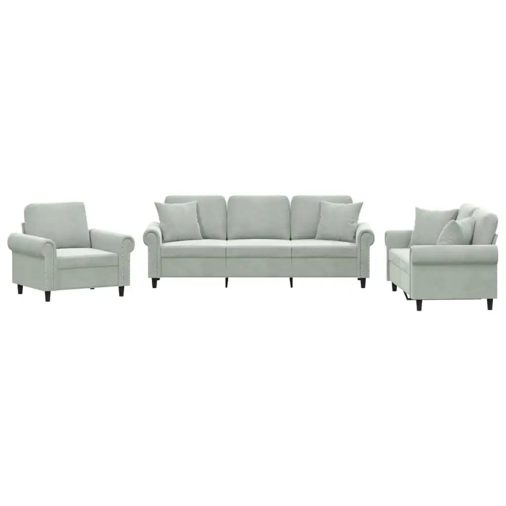 3 Piece Sofa Set with Pillows Light Grey Velvet 3202190