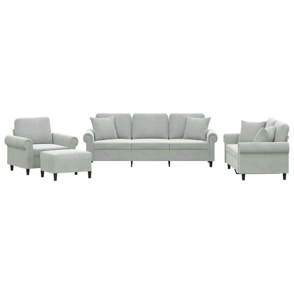 4 Piece Sofa Set with Pillows Light Grey Velvet 3202200