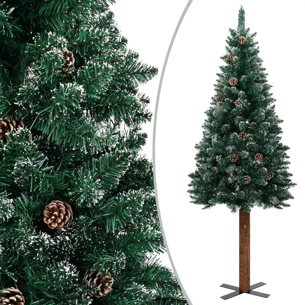 Slim Christmas Tree with Real Wood and White Snow Green 210 cm 320962