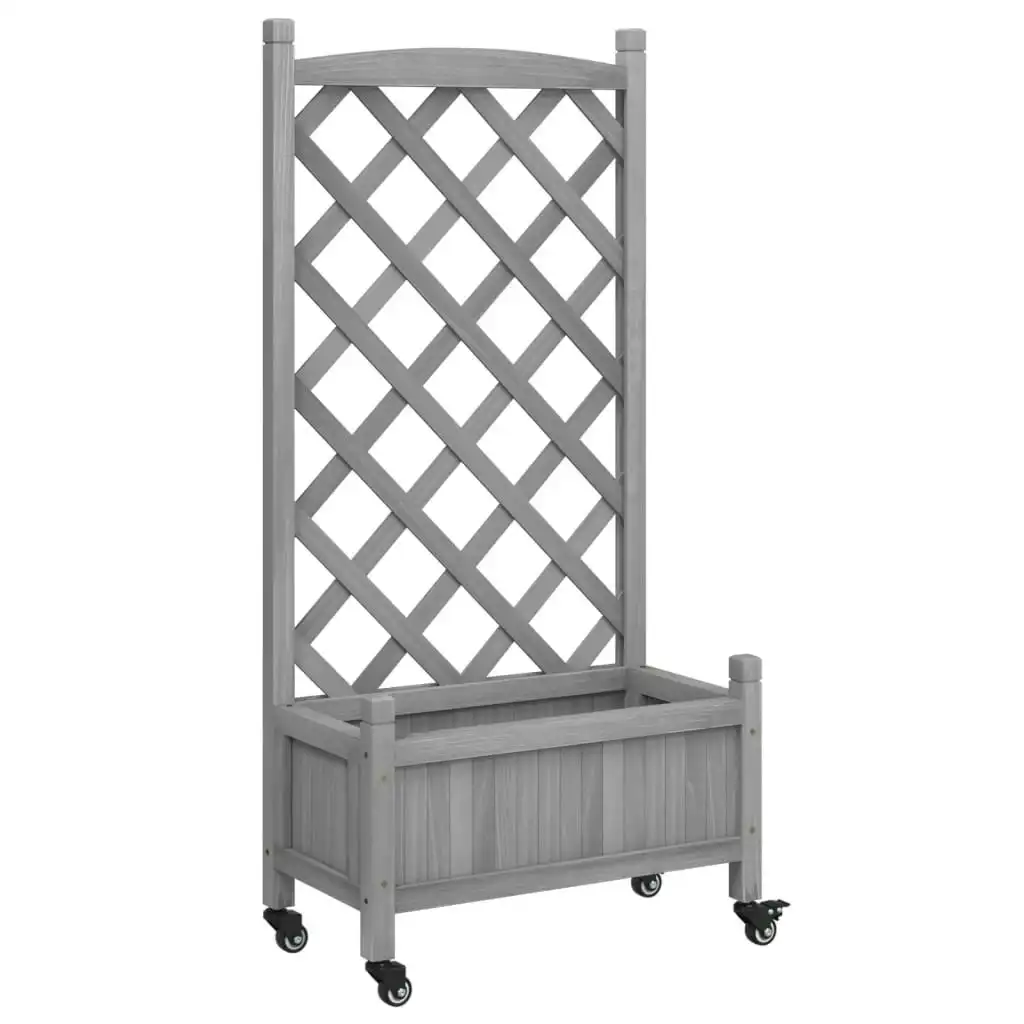 Planter with Trellis and Wheels Grey Solid Wood Fir 3207648