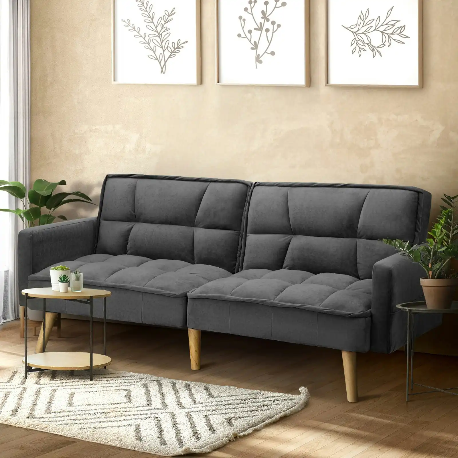 Oikiture Sofa Bed Futon Convertible Velvet Lounge Couch 3-Seater Recliner Grey