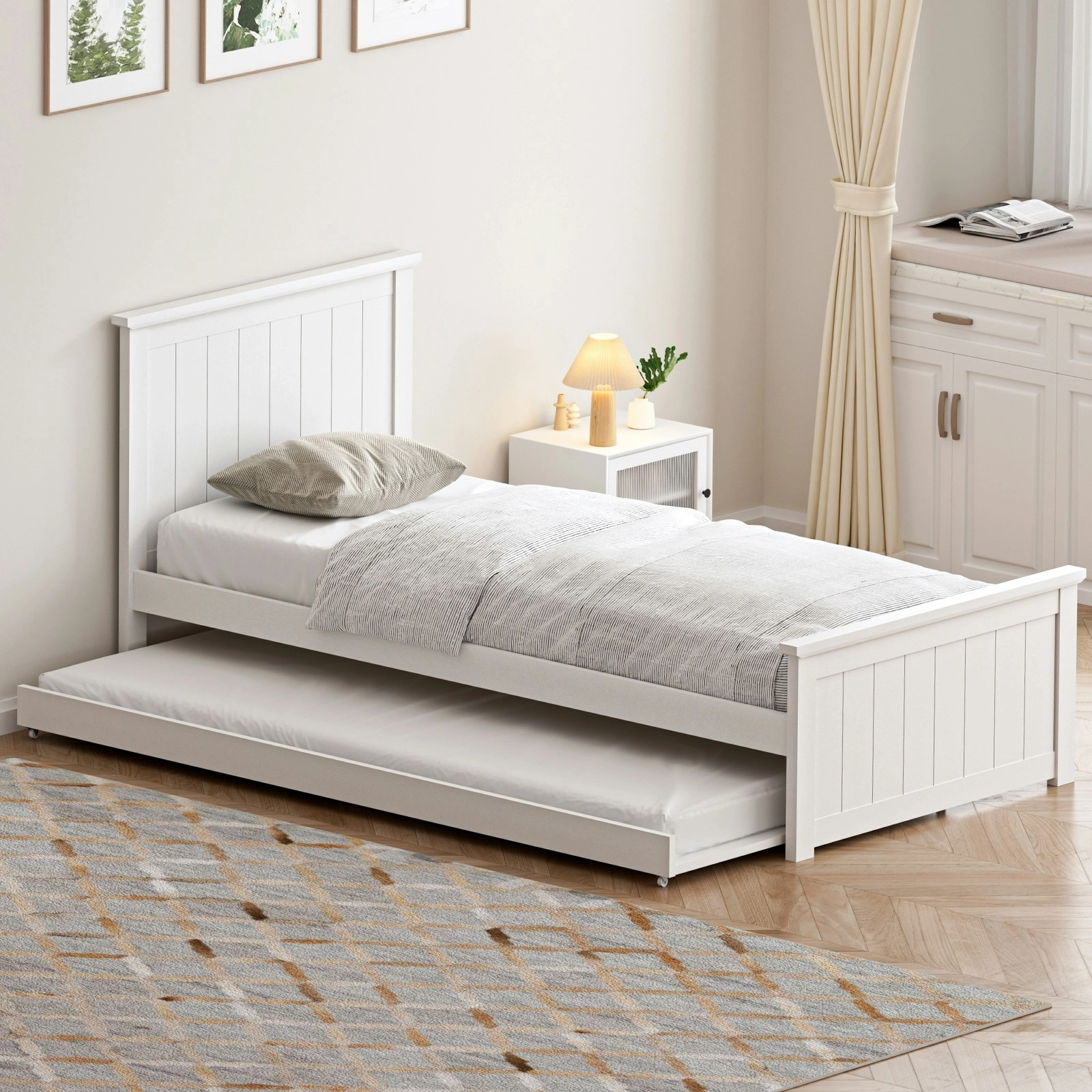 Oikiture Trundle Bed Frame Daybed Single Size Timber Wooden Single Beds x2 White