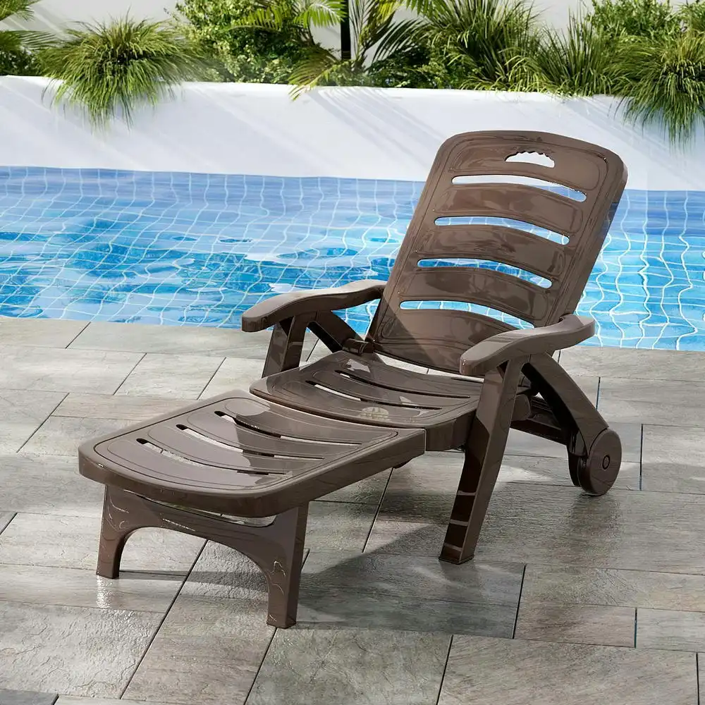 Gardeon Sun Lounger Folding Lounge Chair Wheels Patio Outdoor Furniture Brown